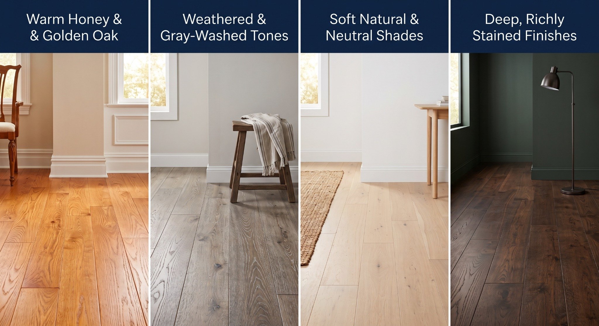 Hardwood flooring styles in warm, gray, natural and dark tones